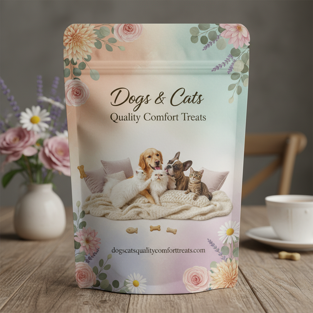 Dogs and Cats Quality Comfort Treats floral brand image with website